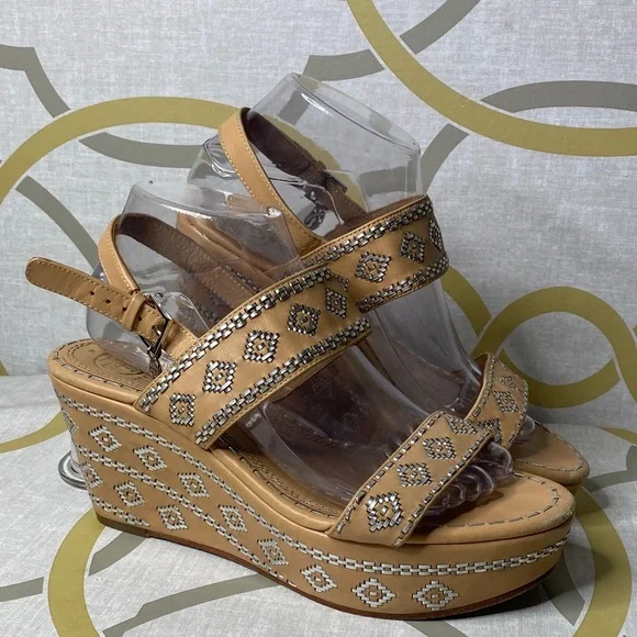 Tory Burch Blake 80mm Natural Vachetta Ankle Strap Wedge Sandals - Picture 1 of 8